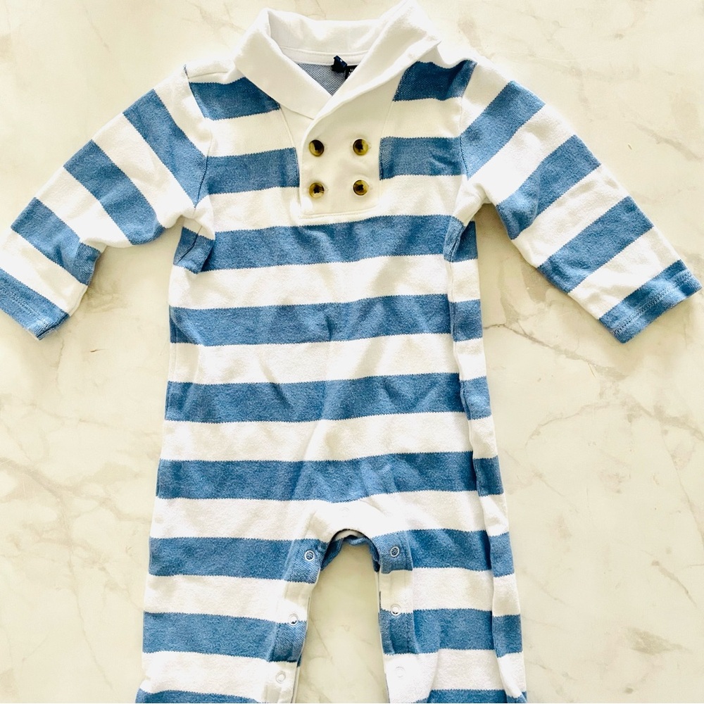 Janie and Jack 12-18 Months Striped Jumpsuit with Button Collar and Back Pocket